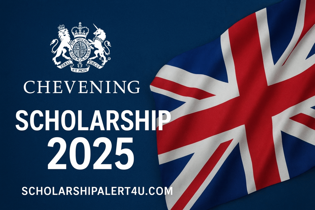 Promotional banner for Chevening Scholarship 2025 with UK flag https://scholarshipalert4u.com/