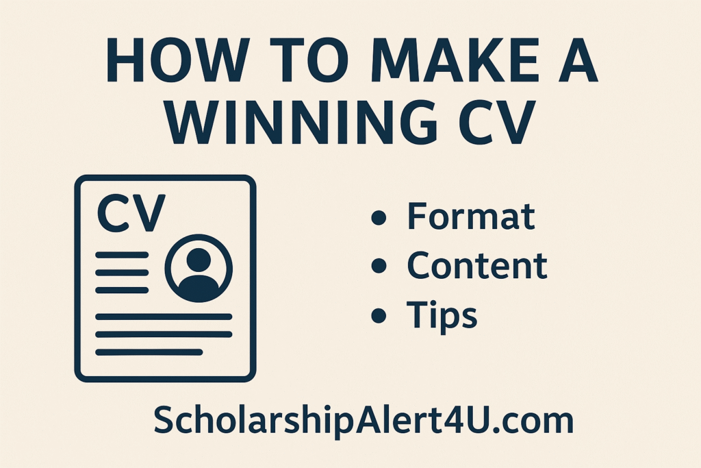 Educational graphic on how to make a winning CV for scholarships with format, content, and tips highlighted, featuring