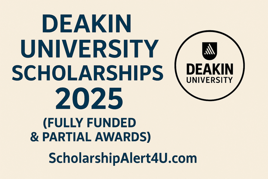 Deakin University Scholarships 2025 banner with details on fully funded and partial awards from ScholarshipAlert4U.com.