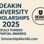 Deakin University Scholarships 2025 banner with details on fully funded and partial awards from ScholarshipAlert4U.com.