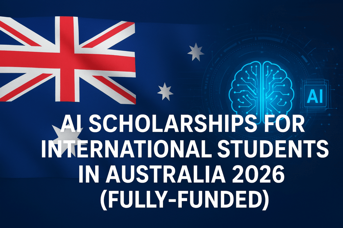 AI Scholarships for International Students in Australia 2026 (Fully-Funded) – featuring the Australian flag and digital AI elements.