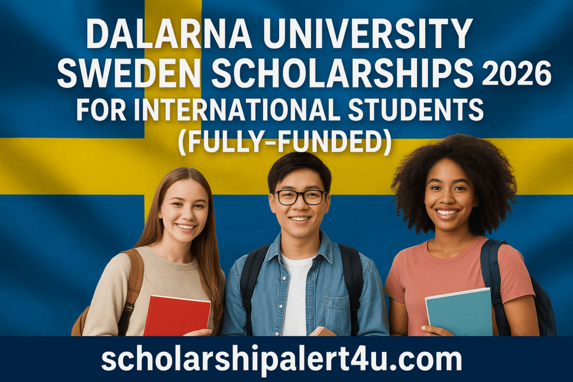 Dalarna University Sweden Scholarships 2026 for International Students (Fully-Funded) – diverse students smiling in front of the Swedish flag with scholarshipalert4u.com branding.