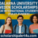 Dalarna University Sweden Scholarships 2026 for International Students (Fully-Funded) – diverse students smiling in front of the Swedish flag with scholarshipalert4u.com branding.