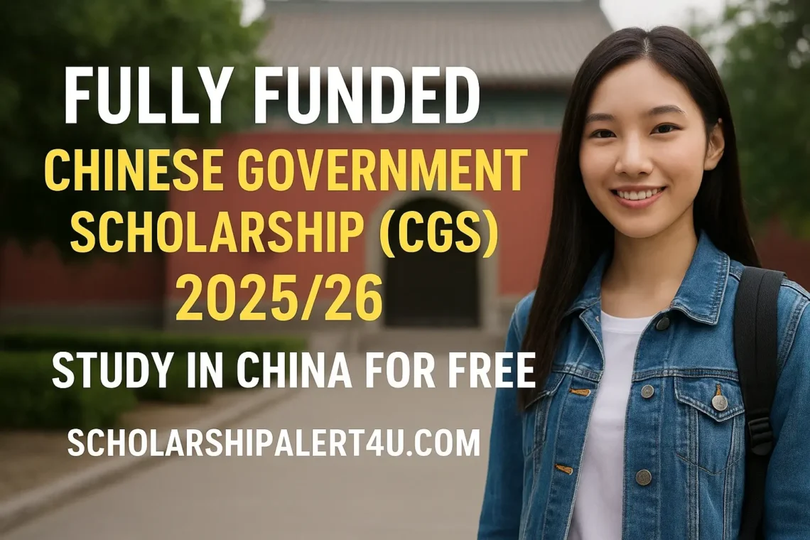 A confident international student standing in front of a Chinese university campus, symbolizing the Fully Funded Chinese Government Scholarship (CGS) 2025/26 opportunity to study in China for free — image by ScholarshipAlert4u.com.