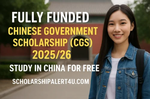 A confident international student standing in front of a Chinese university campus, symbolizing the Fully Funded Chinese Government Scholarship (CGS) 2025/26 opportunity to study in China for free — image by ScholarshipAlert4u.com.