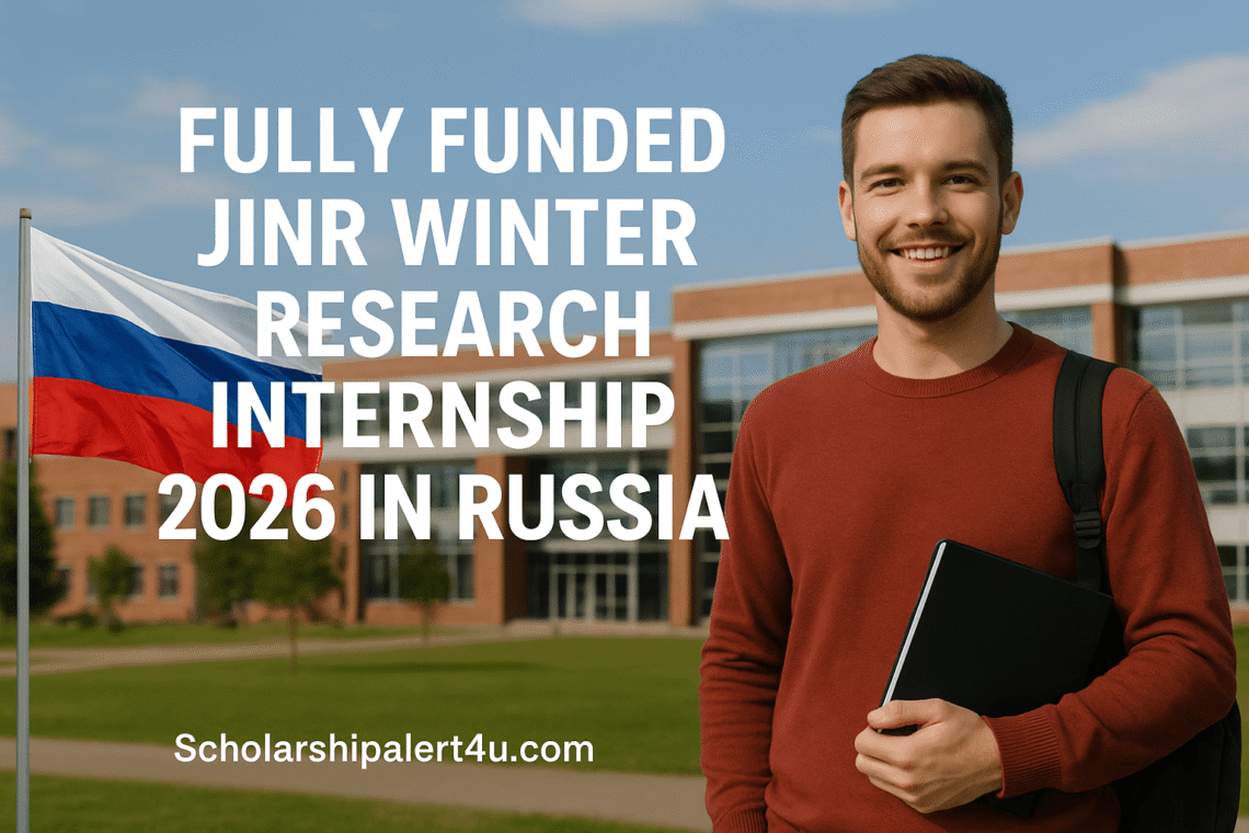 Students participating in the Fully Funded JINR Winter Research Internship 2026 in Russia, featuring Russian flag and ScholarshipAlert4U.com branding.