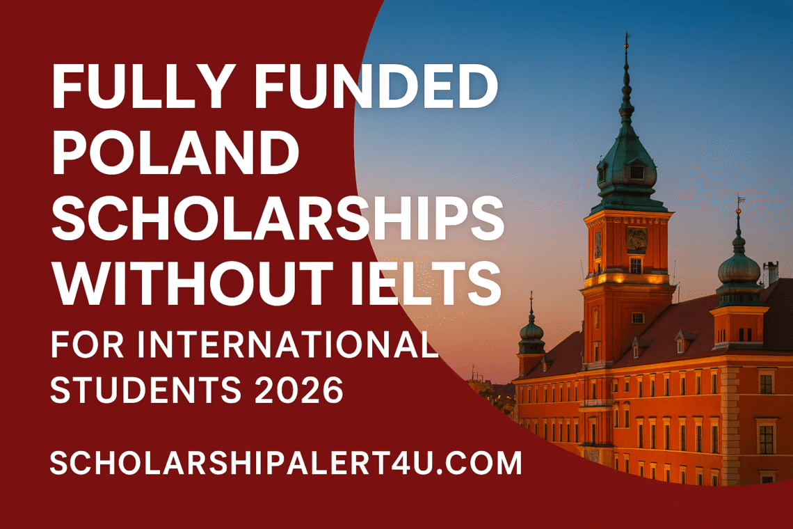 Fully Funded Poland Scholarships Without IELTS 2026 for International Students — study in Europe free at scholarshipalert4u.com, featuring Warsaw skyline at sunset.
