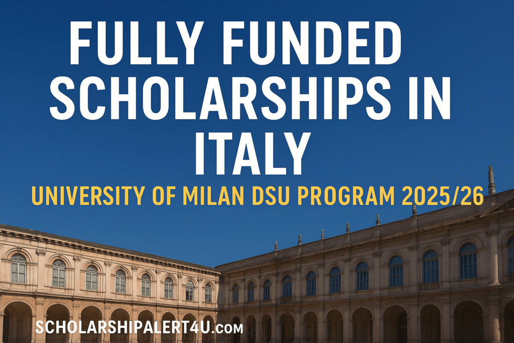 Banner showing Fully Funded Scholarships in Italy for the University of Milan DSU Program 2025/26 with Milan University campus background.