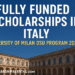 Banner showing Fully Funded Scholarships in Italy for the University of Milan DSU Program 2025/26 with Milan University campus background.