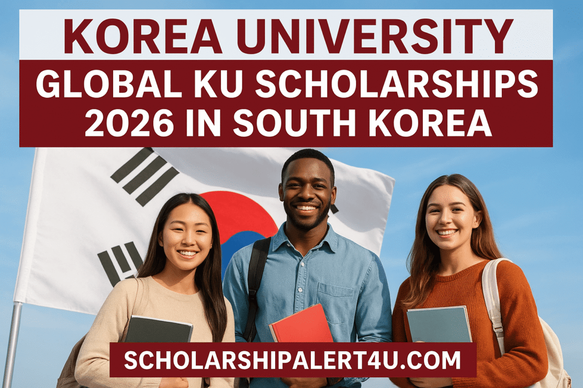 Three international students smiling in front of the South Korean flag, promoting Korea University Global KU Scholarships 2026, with the website name scholarshipalert4u.com displayed.