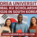 Three international students smiling in front of the South Korean flag, promoting Korea University Global KU Scholarships 2026, with the website name scholarshipalert4u.com displayed.