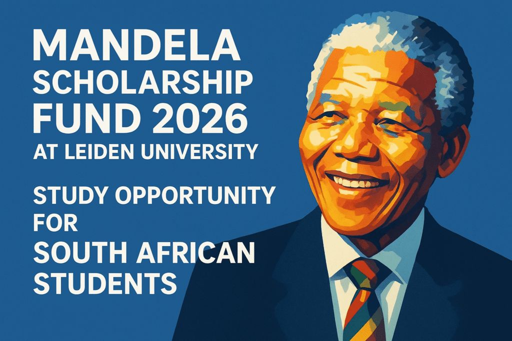 Poster announcing the Mandela Scholarship Fund 2026 at Leiden University with a pop-art portrait of Nelson Mandela on a blue background.