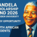 Poster announcing the Mandela Scholarship Fund 2026 at Leiden University with a pop-art portrait of Nelson Mandela on a blue background.