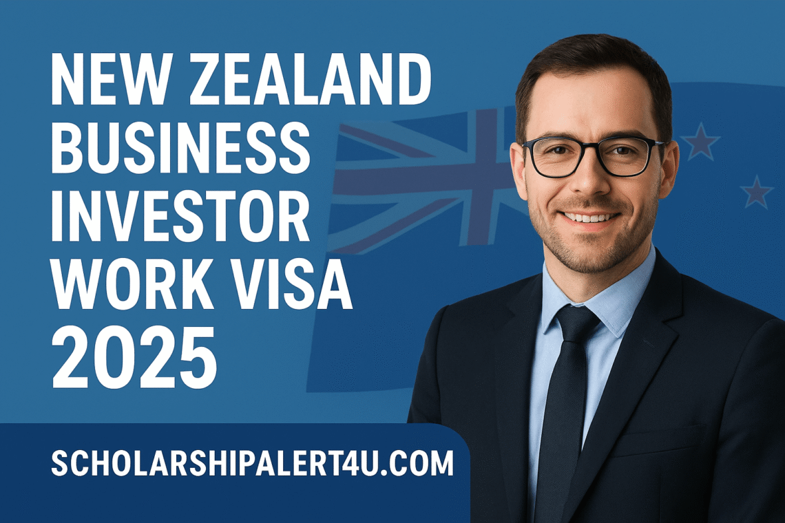 Professional image for “New Zealand Business Investor Work Visa 2025” showing a smiling businessman in a suit with the New Zealand flag in the background and the website name scholarshipalert4u.com.