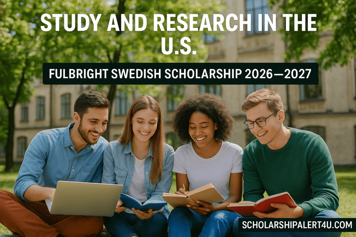 Four university students studying together outdoors on a U.S. campus, representing the Fulbright Swedish Scholarship 2026–2027 for Swedish academics