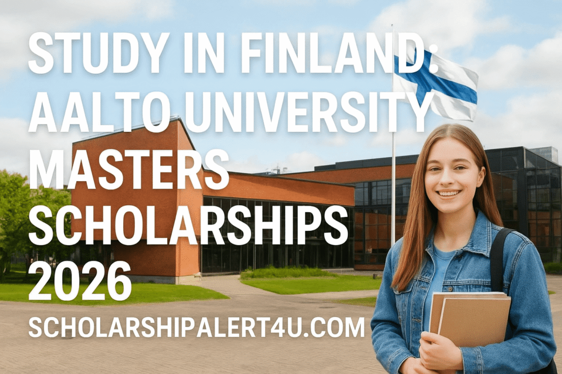 Smiling student in front of Aalto University campus with Finnish flag, promoting Aalto University Masters Scholarships 2026 in Finland — scholarshipalert4u.com