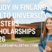Smiling student in front of Aalto University campus with Finnish flag, promoting Aalto University Masters Scholarships 2026 in Finland — scholarshipalert4u.com