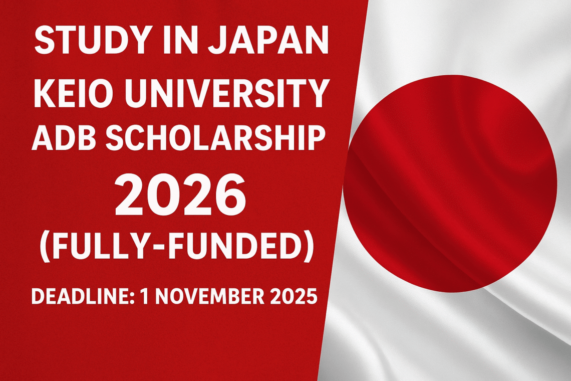Promotional banner for the Keio University ADB Scholarship 2026 in Japan, featuring the Japan flag and the application deadline of November 1, 2025.
