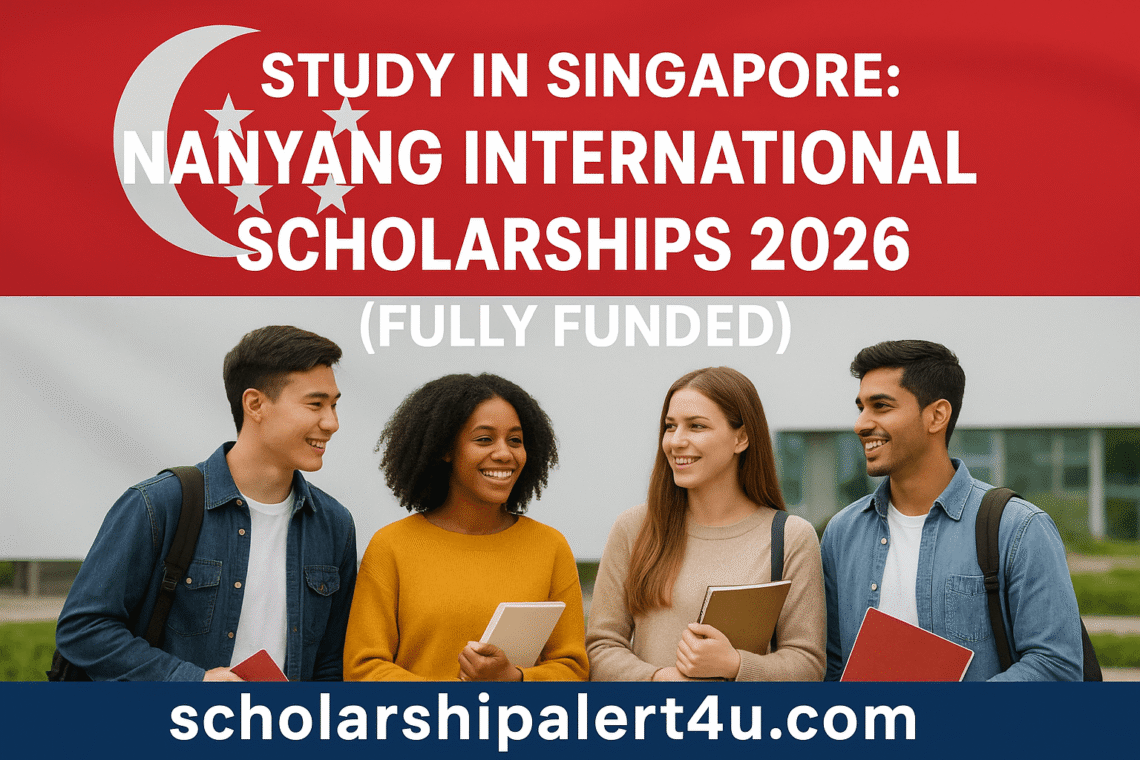 Group of international students smiling in front of the Singapore flag promoting the Nanyang International Scholarships 2026 (Fully Funded) with the website scholarshipalert4u.com displayed.