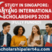 Group of international students smiling in front of the Singapore flag promoting the Nanyang International Scholarships 2026 (Fully Funded) with the website scholarshipalert4u.com displayed.