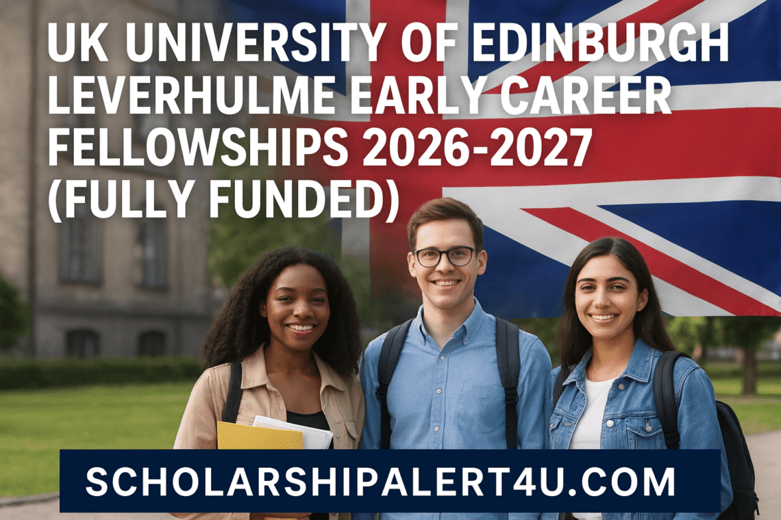 Three international students smiling in front of the University of Edinburgh campus with the UK flag, promoting the Leverhulme Early Career Fellowships 2026-2027 (Fully Funded) — scholarshipalert4u.com
