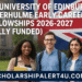 Three international students smiling in front of the University of Edinburgh campus with the UK flag, promoting the Leverhulme Early Career Fellowships 2026-2027 (Fully Funded) — scholarshipalert4u.com