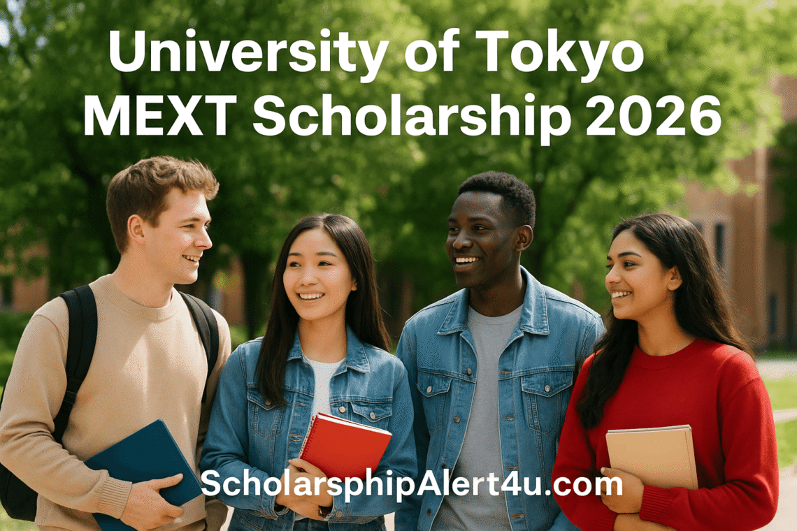 Group of diverse students standing in front of the UK flag promoting the University of Oxford AfOx Graduate Scholarships 2026 (Fully Funded) with the website scholarshipalert4u.com displayed.