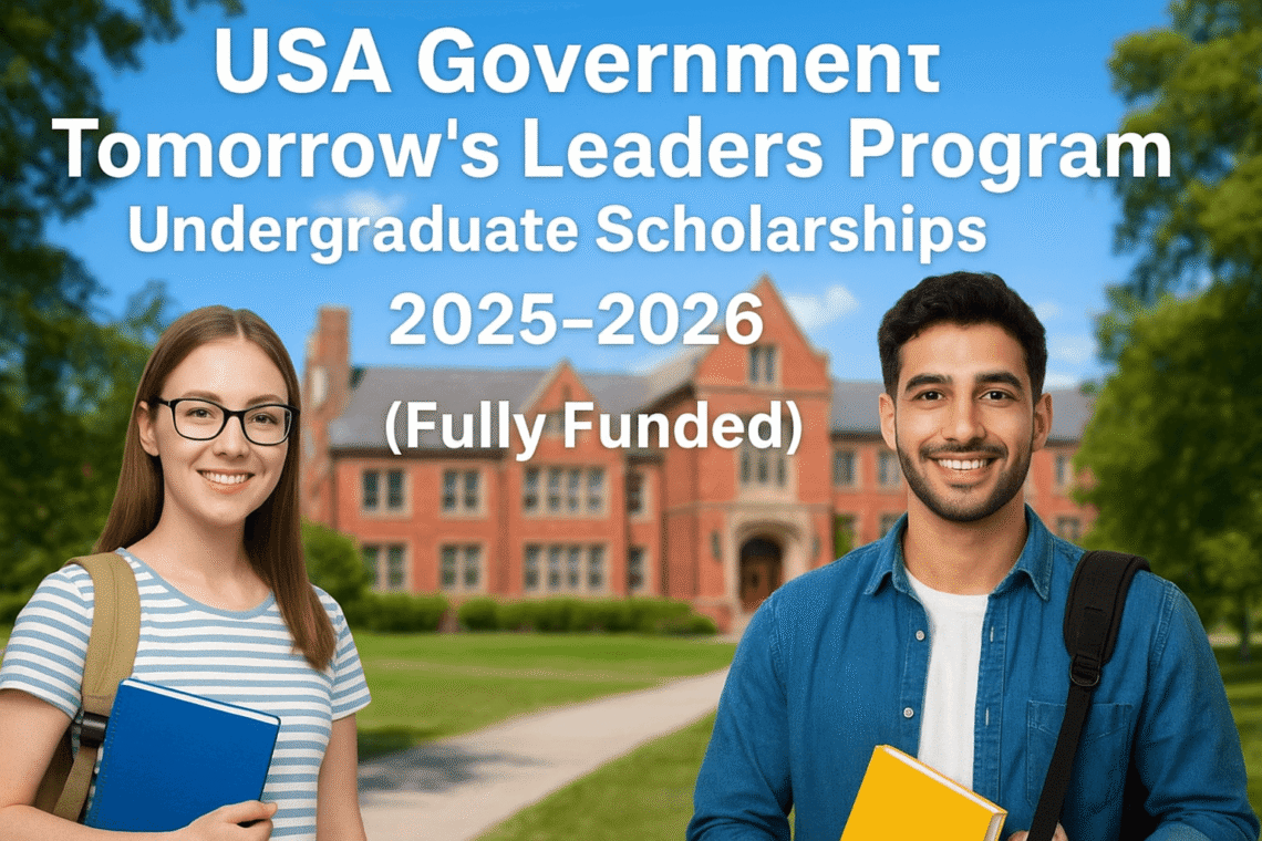 Two university students standing in front of a red-brick campus building with the title “USA Government Tomorrow’s Leaders Program Undergraduate Scholarships 2025–2026 (Fully Funded)” displayed above them.