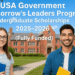 Two university students standing in front of a red-brick campus building with the title “USA Government Tomorrow’s Leaders Program Undergraduate Scholarships 2025–2026 (Fully Funded)” displayed above them.