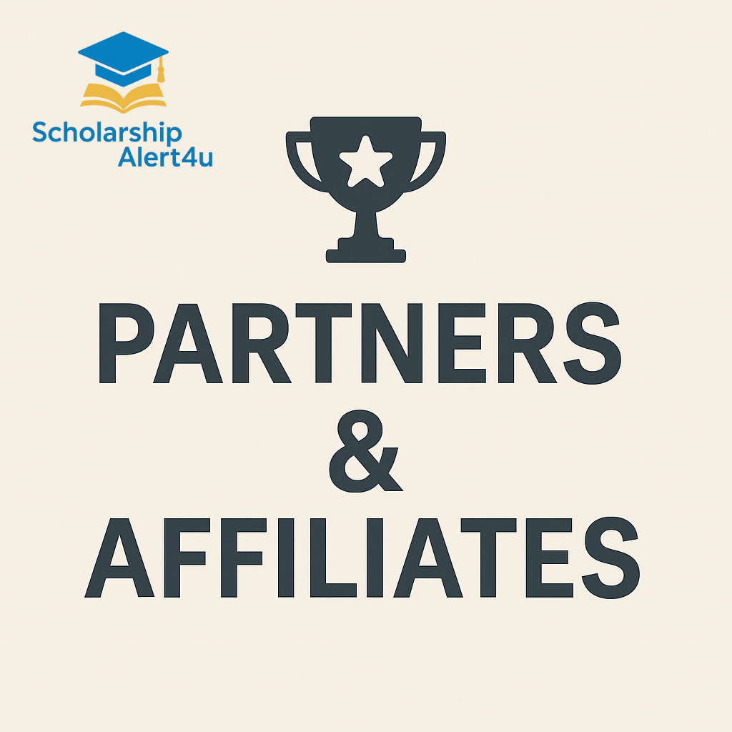 Partners & Affiliates page banner featuring a trophy icon above bold text ‘Partners & Affiliates’, representing collaboration and official partnerships for ScholarshipAlert4u.