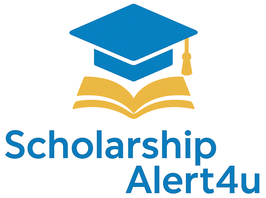 ScholarshipAlert4u glowing logo featuring a blue graduation cap and golden open book symbolizing global education and scholarship opportunities.