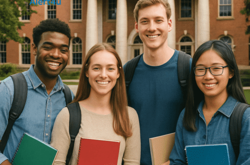 Modern campus building of the American University in Dubai (AUD) with students, representing the American University in Dubai Scholarships 2026.