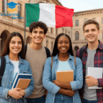 A group of smiling international students studying in a beautiful Italian university piazza, representing the successful applicants for Italy Scholarships 2026.