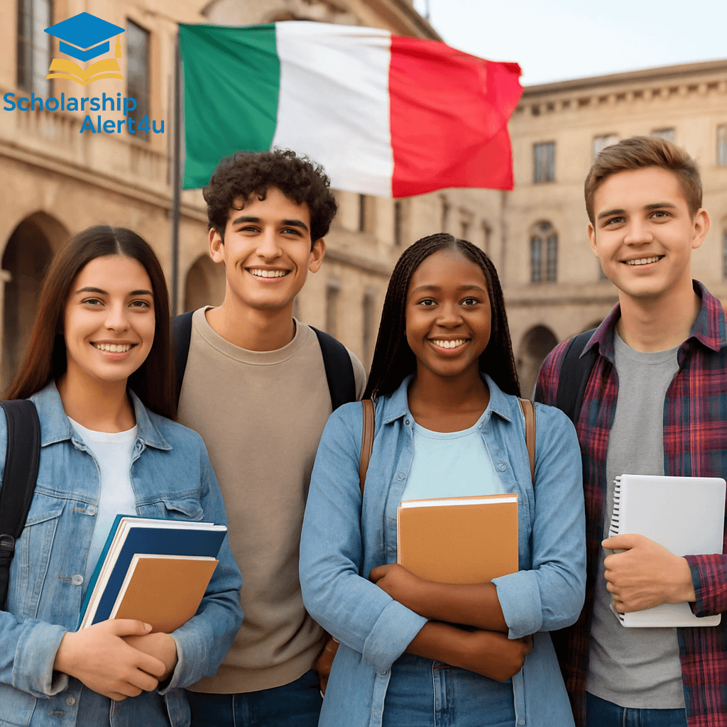 A group of smiling international students studying in a beautiful Italian university piazza, representing the successful applicants for Italy Scholarships 2026.