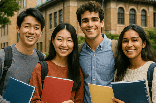 A wide-angle view of a modern Japanese university campus with the Japanese flag flying, symbolizing the MEXT Scholarship 2026.