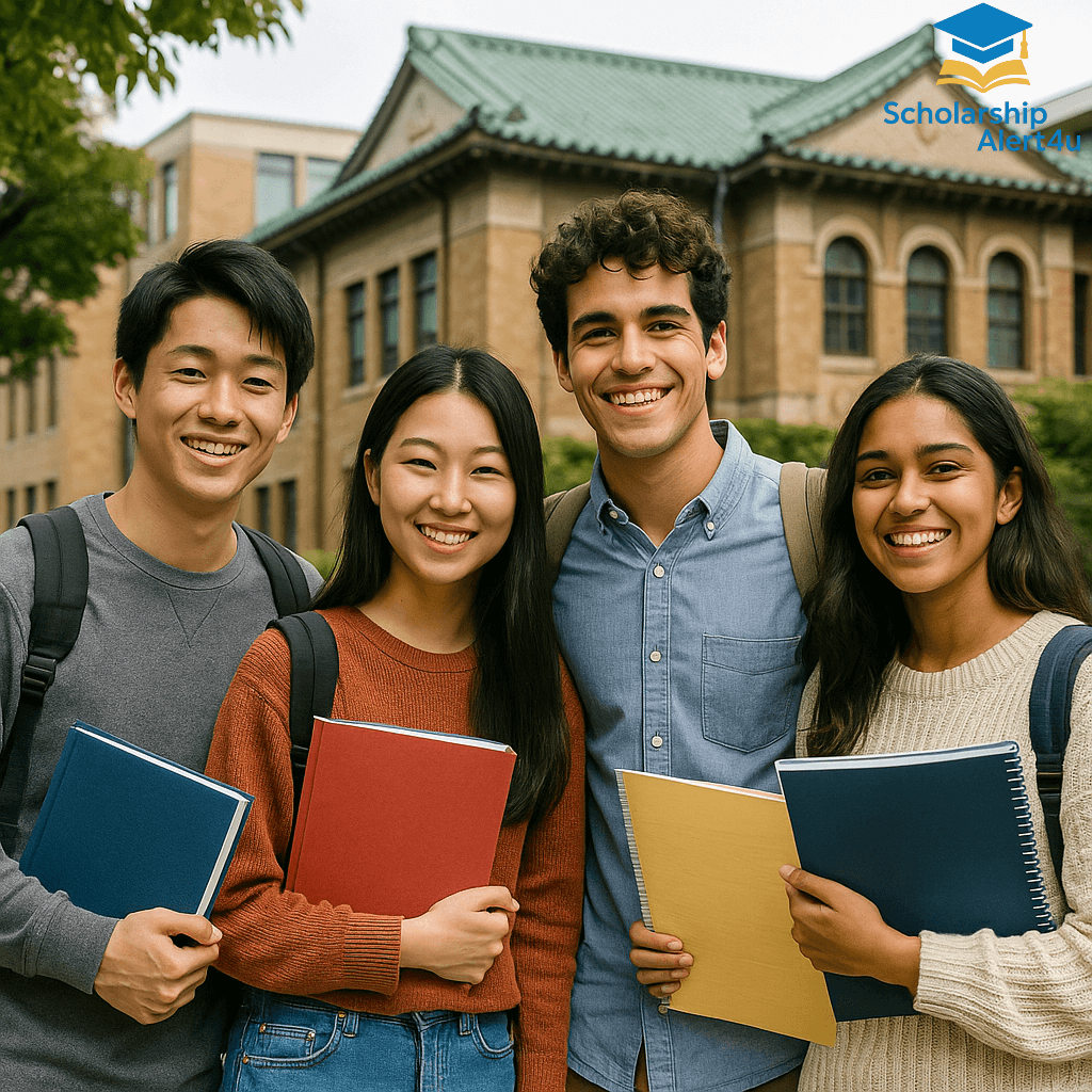 A wide-angle view of a modern Japanese university campus with the Japanese flag flying, symbolizing the MEXT Scholarship 2026.