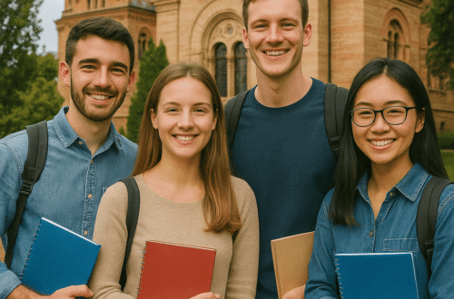 Romanian flag in front of a modern university building, symbolizing the Romania Government Scholarships 2026.